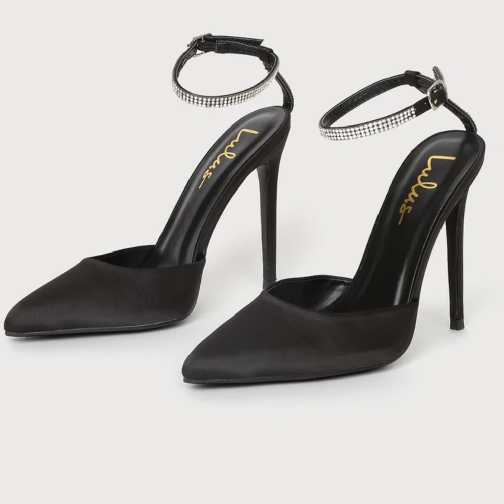 Lulus Luciee Black Satin Rhinestone Ankle Strap Heels